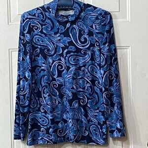 Chico's Women's Sz 0 (S) Knit Top Pullover Mock Neck Navy/Blue Paisley